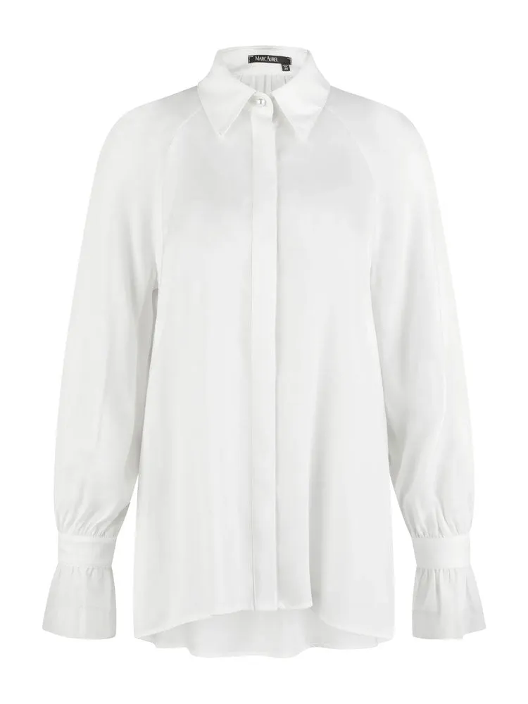 Marc Aurel Satin Blouse with Tulle Cuffs Off White