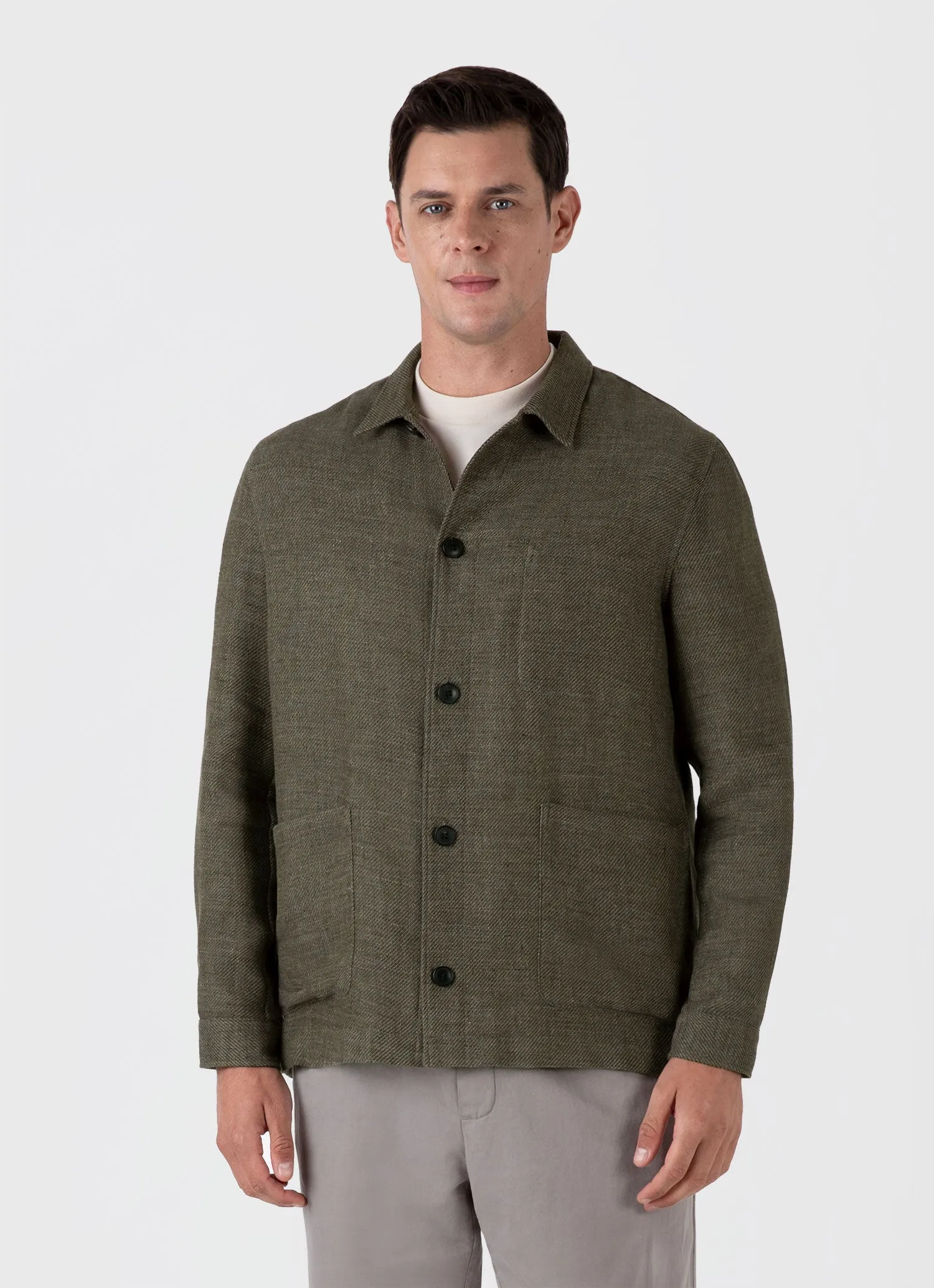 Men's Cotton Linen Twill Twin Pocket Jacket in Khaki Sunspel