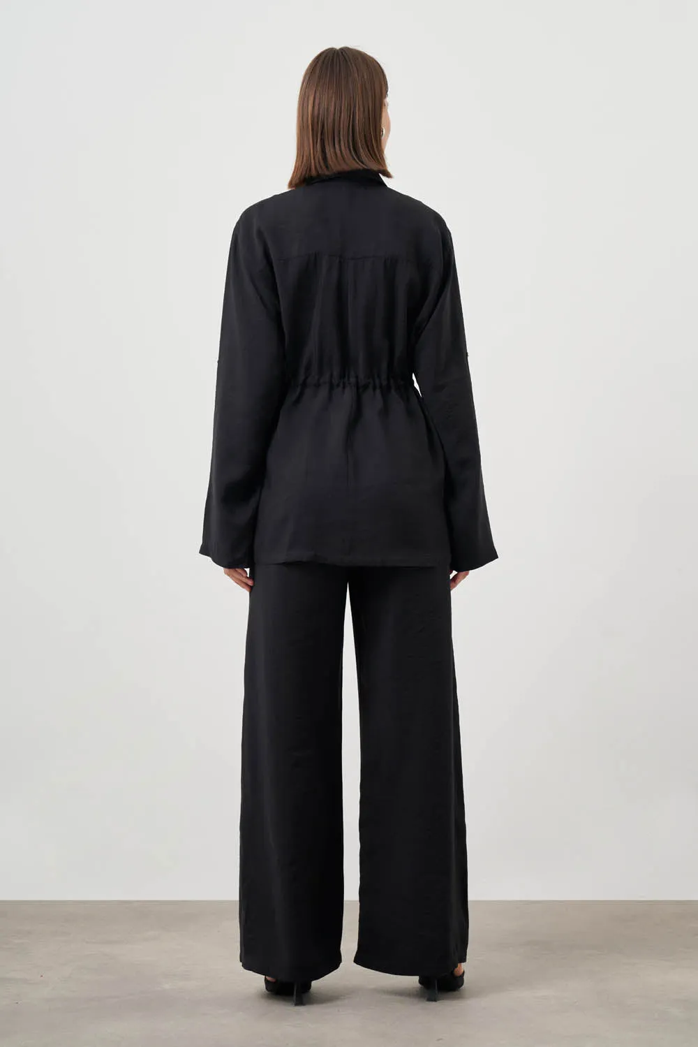 Mizalle Cinched Waist Shirt Jacket Black Apparel