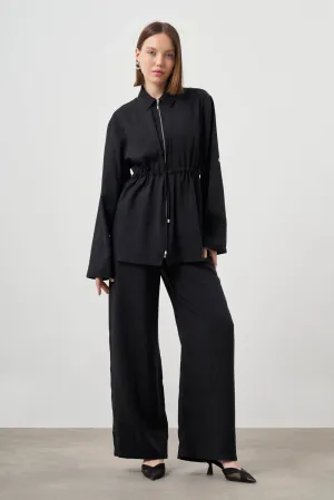 Mizalle Cinched Waist Shirt Jacket Black Apparel
