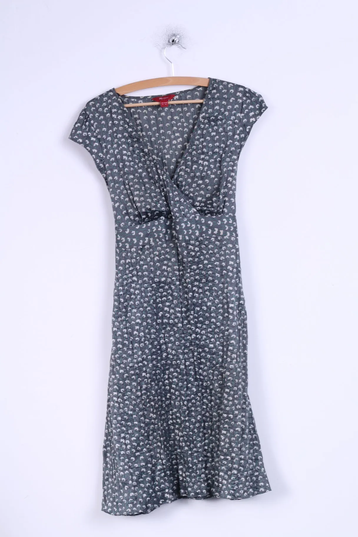 Monsoon Womens 14 42 L Long Dress Grey Flowers Pleated Belted