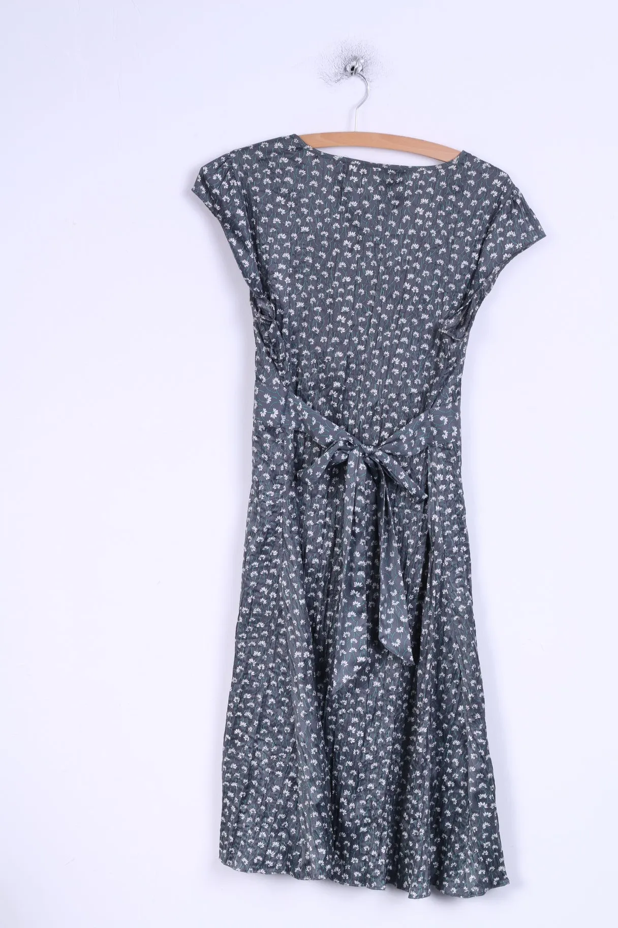 Monsoon Womens 14 42 L Long Dress Grey Flowers Pleated Belted