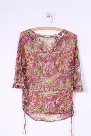 More& More Womens 34 XS Blouse Transparent Long Sleeve Multi Print V Neck Mulicolor