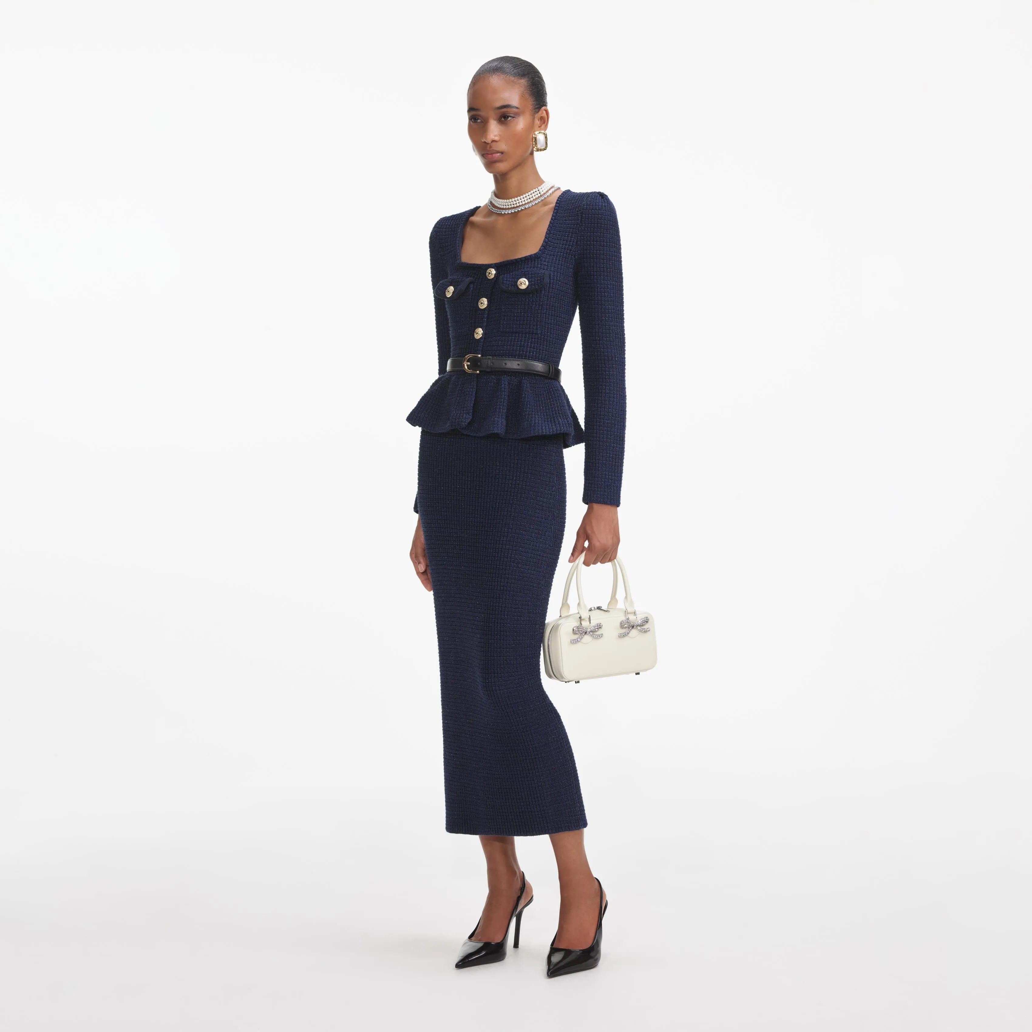 Navy Knit Peplum Midi Dress Self Portrait