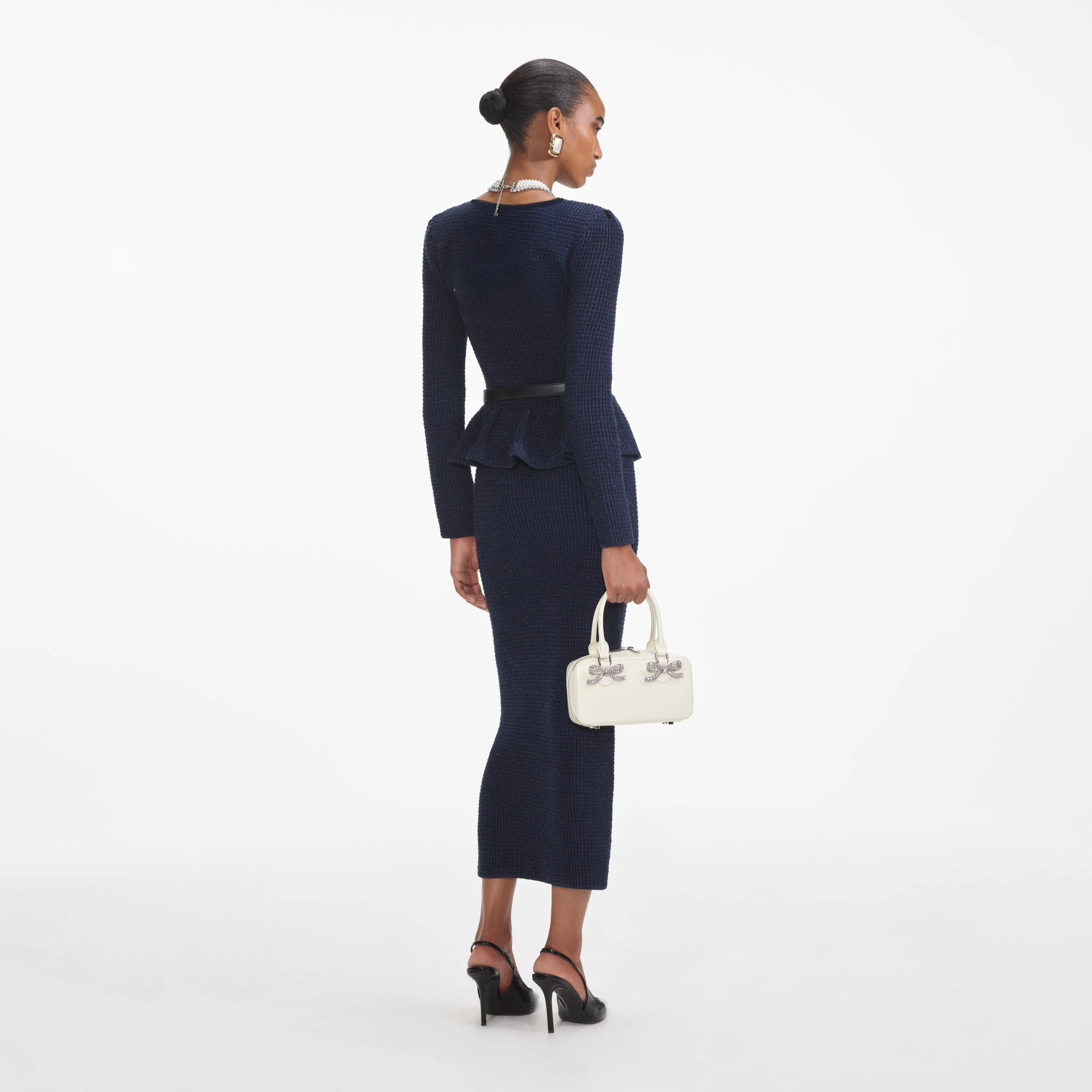 Navy Knit Peplum Midi Dress Self Portrait