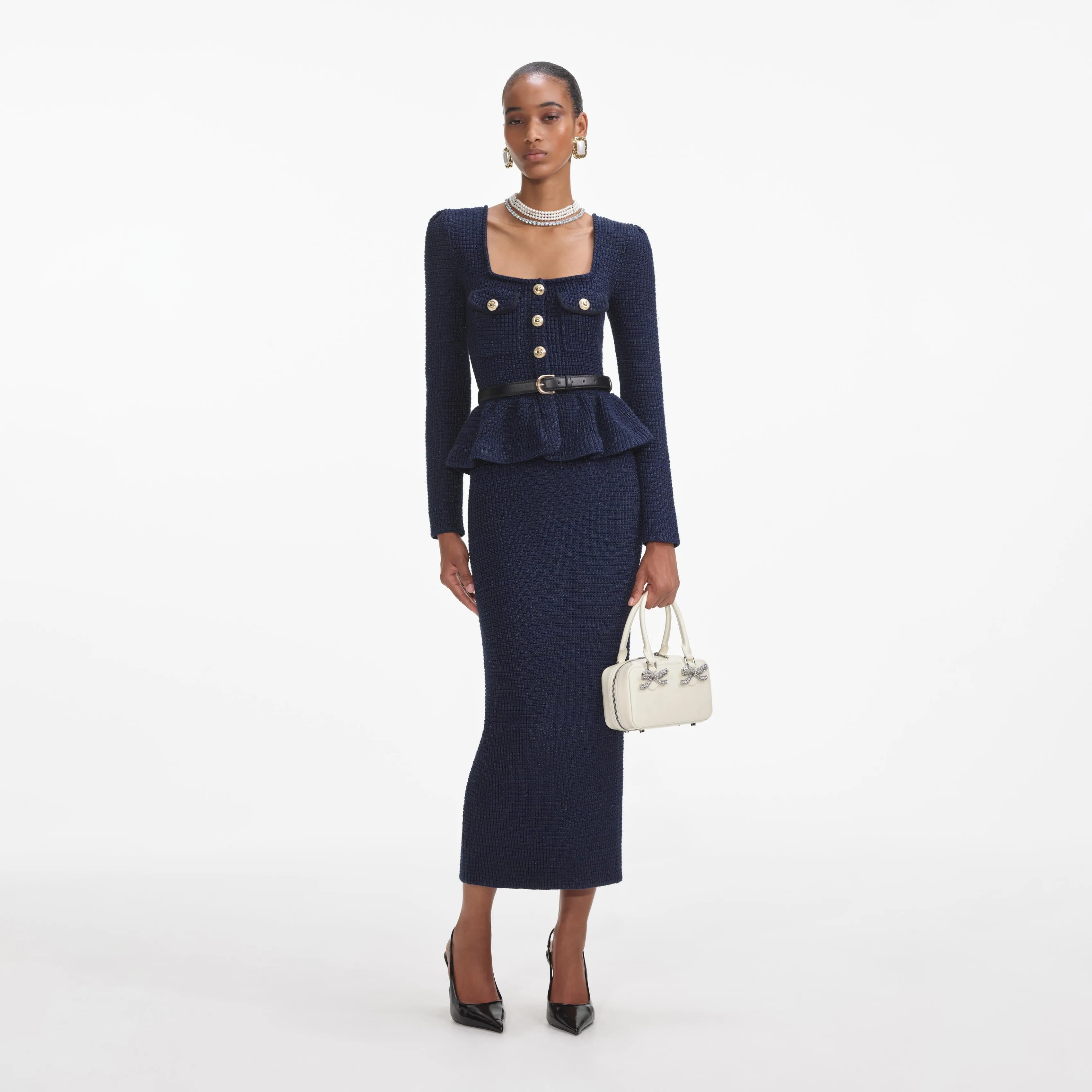 Navy Knit Peplum Midi Dress Self Portrait