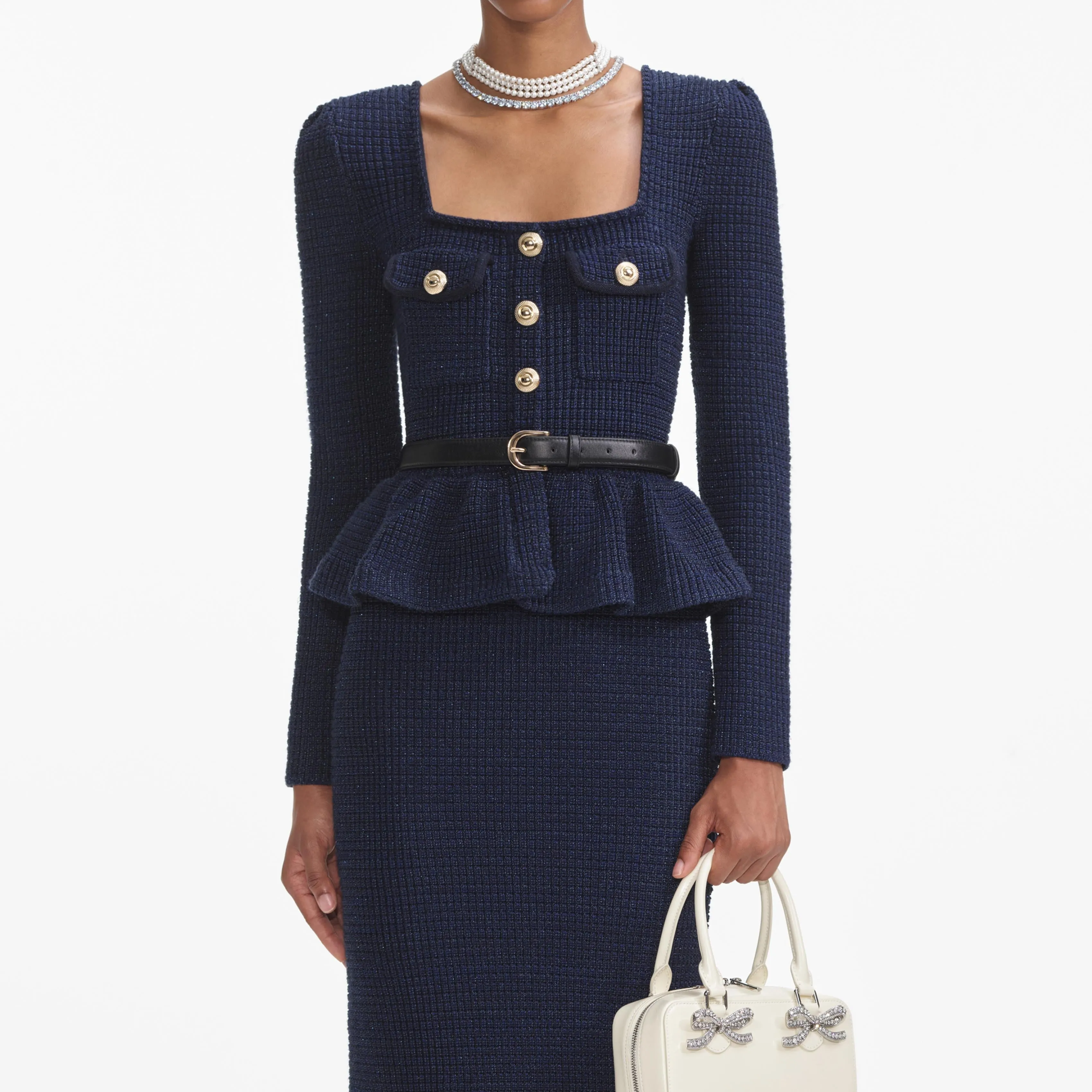 Navy Knit Peplum Midi Dress Self Portrait