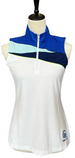 New EP New York Sleeveless Zip Mock White/Blue Golf Polo w/ Logo Size S MSP$75