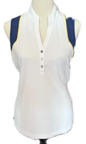New EP NY Sleeveless Y Neck Mock Polo - WHite Mulți Size M. MSP$68