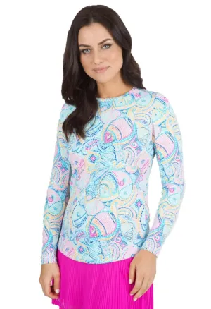 New Ibkul Ariel Print Long Sleeve Crew Neck Top - Candy Pink -Size S MSP$98
