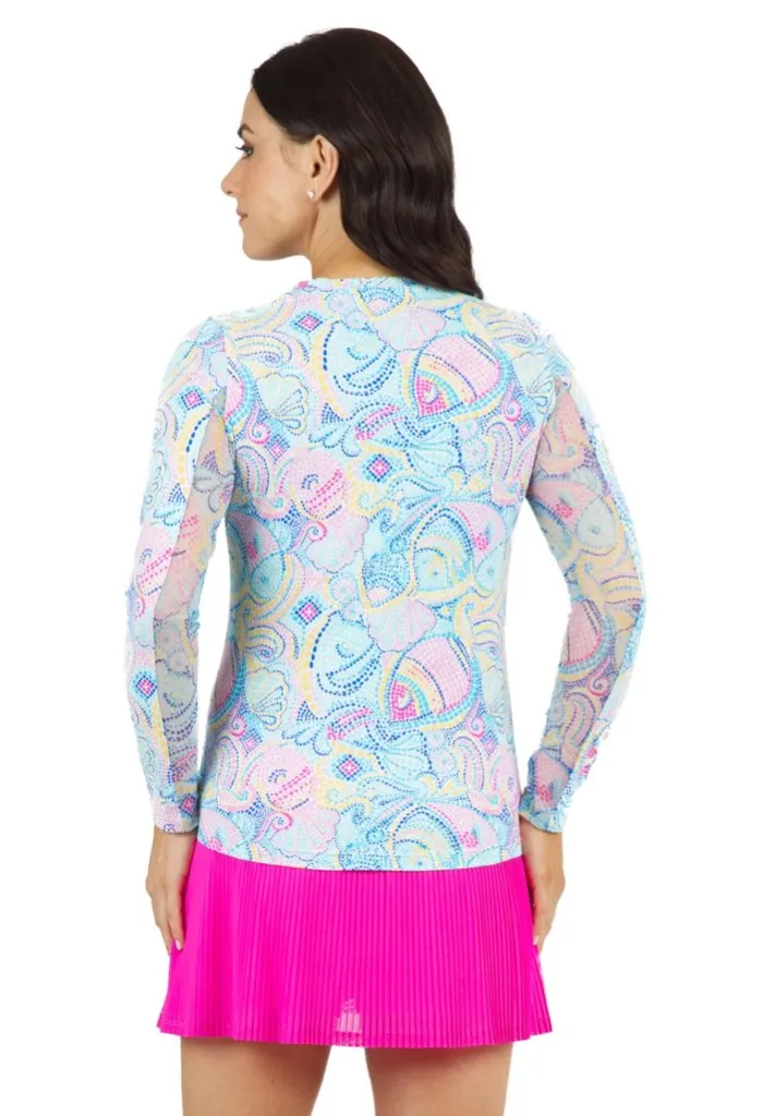 New Ibkul Ariel Print Long Sleeve Crew Neck Top - Candy Pink -Size S MSP$98