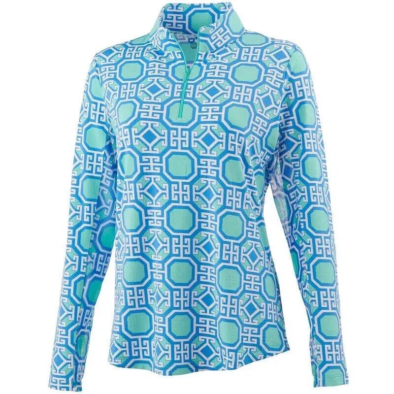 New Ibkul Long Sleeve Zip Mock Sun Shirt - Key Print Size S MSP$98