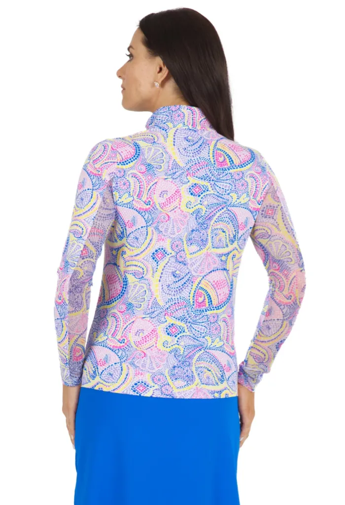New Ibkul Mariel Print Long Sleeve Mock Golf Top Blue-Multi MSP$100