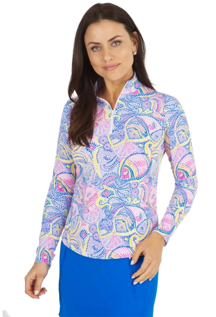 New Ibkul Mariel Print Long Sleeve Mock Golf Top Blue-Multi MSP$100