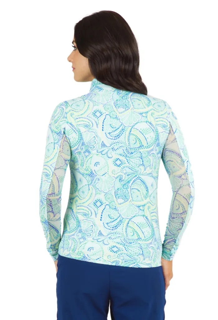 New Ibkul Mariel Print Long Sleeve Mock Neck Golf Top - Turquoise Multi MSP$100