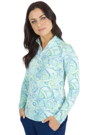 New Ibkul Mariel Print Long Sleeve Mock Neck Golf Top - Turquoise Multi MSP$100