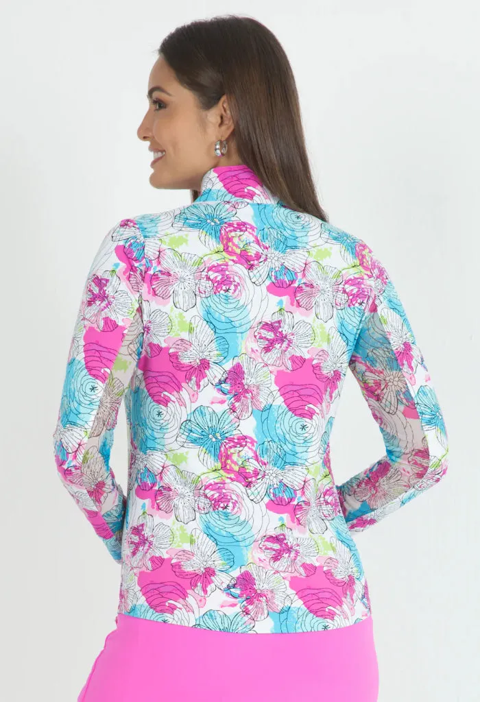 New Ibkul Paddy Print Long Sleeve Mock Neck Top - Hot Pink Multi MSP $100