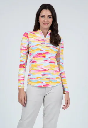 New Ibkul Women's Jessie Print Long Sleeve Zip Mock Golf Sun Shirt  - Watermelon