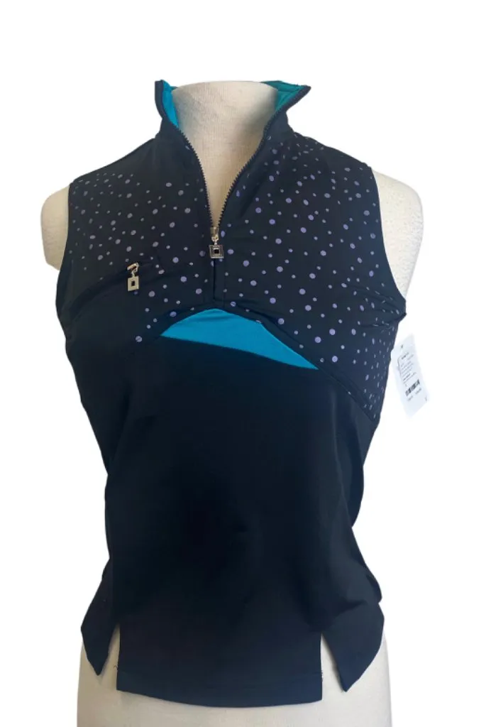 NEW Jamie Sadock Women's 1/2 Zip Sleeveless Black Top w/Purple & Green Accents Size S