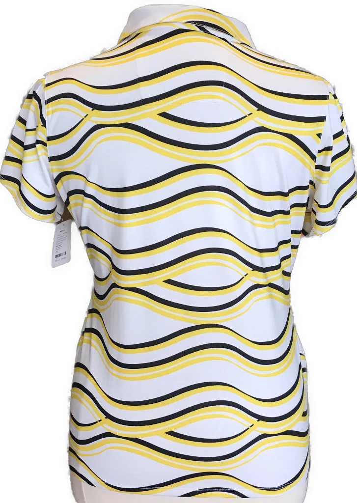 NEW Nancy Lopez Yellow & Black Wave Patterned V-neck Short Sleeve Golf Polo Size XL