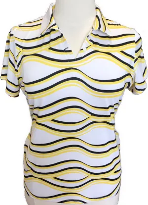 NEW Nancy Lopez Yellow & Black Wave Patterned V-neck Short Sleeve Golf Polo Size XL