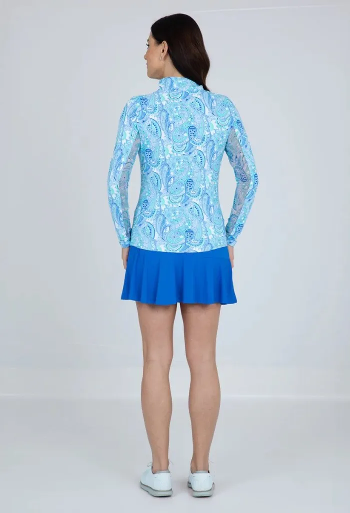 New Women's Ibkul Gloria Print Long Sleeve Zip Mock Golf Sun Shirt - Peri/Jade