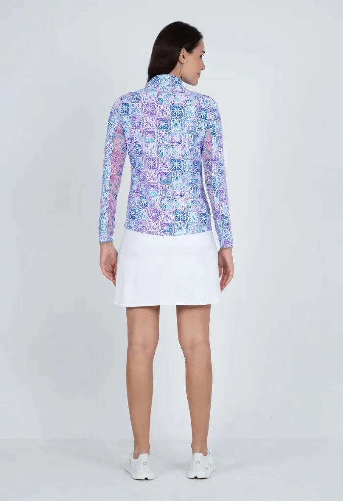 New Women's Ibkul Kathy Print Long Sleeve Zip Mock Golf Sun Shirt - Plum/Blue