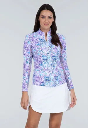 New Women's Ibkul Kathy Print Long Sleeve Zip Mock Golf Sun Shirt - Plum/Blue