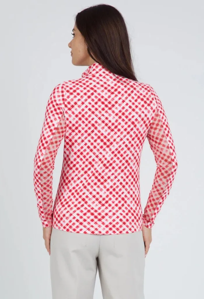 New Women's Ibkul Red Gingham Check Long Sleeve Zip Mock Golf Top