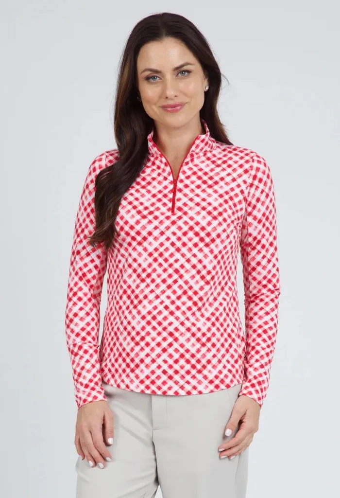 New Women's Ibkul Red Gingham Check Long Sleeve Zip Mock Golf Top