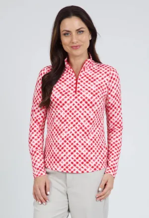 New Women's Ibkul Red Gingham Check Long Sleeve Zip Mock Golf Top