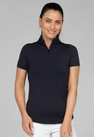 New Women's Ibkul Solid Short Sleeve Zip Mock Golf Top - Black Size XXL MSP$88