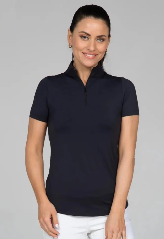 New Women's Ibkul Solid Short Sleeve Zip Mock Golf Top - Black Size XXL MSP$88