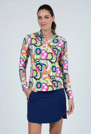 New Women's Ibkul Yolanda Print Long Sleeve Zip Mock Golf Top - Hot Pink Multi