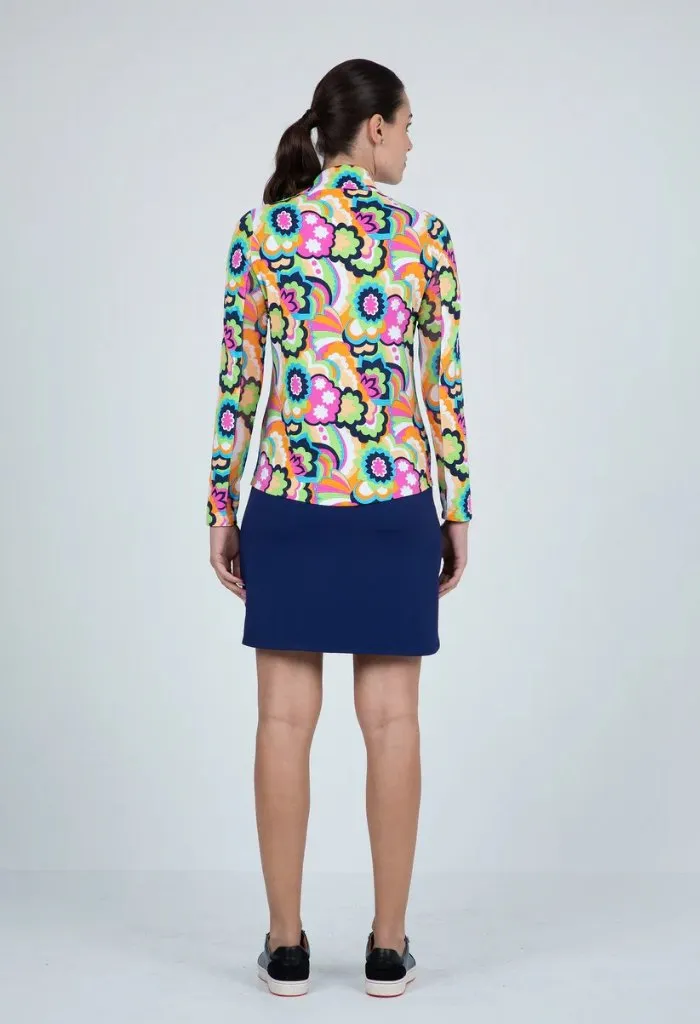 New Women's Ibkul Yolanda Print Long Sleeve Zip Mock Golf Top - Hot Pink Multi