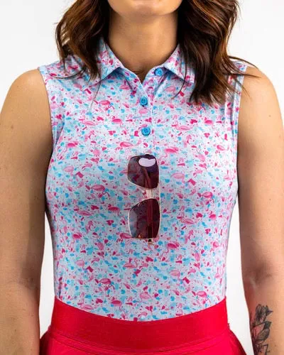 New Women's Pins & Aces Flamingo Shattered Sleeveless Golf Polo