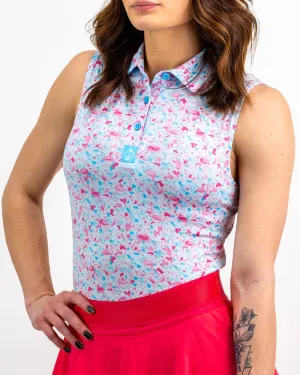 New Women's Pins & Aces Flamingo Shattered Sleeveless Golf Polo