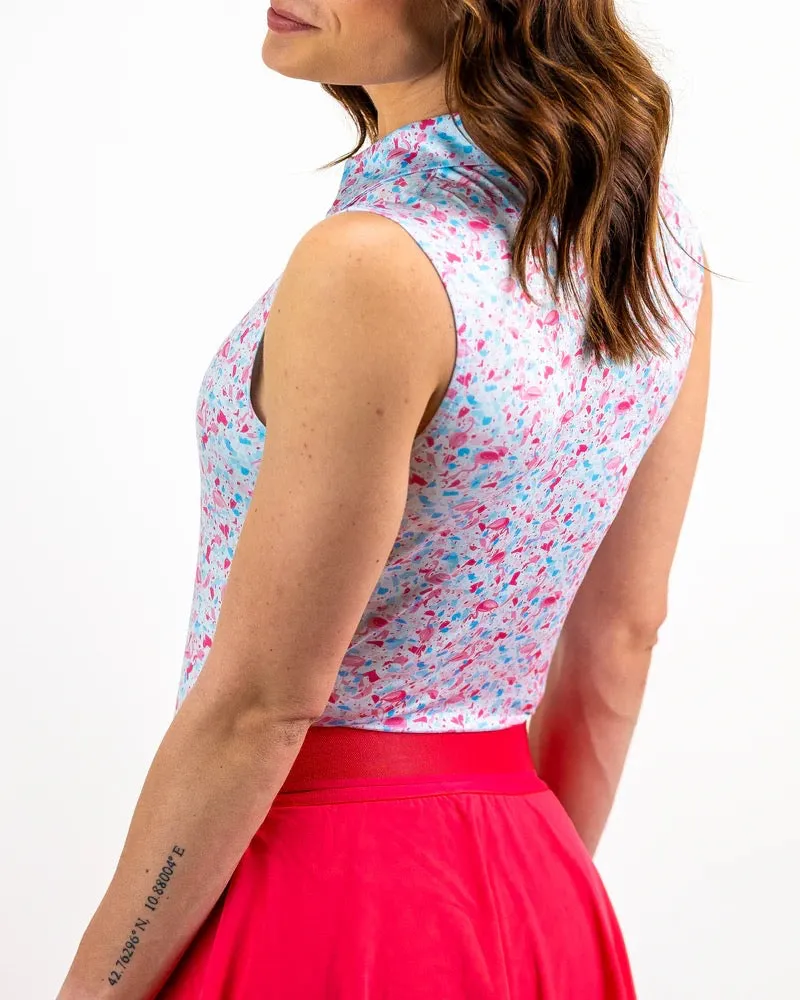 New Women's Pins & Aces Flamingo Shattered Sleeveless Golf Polo