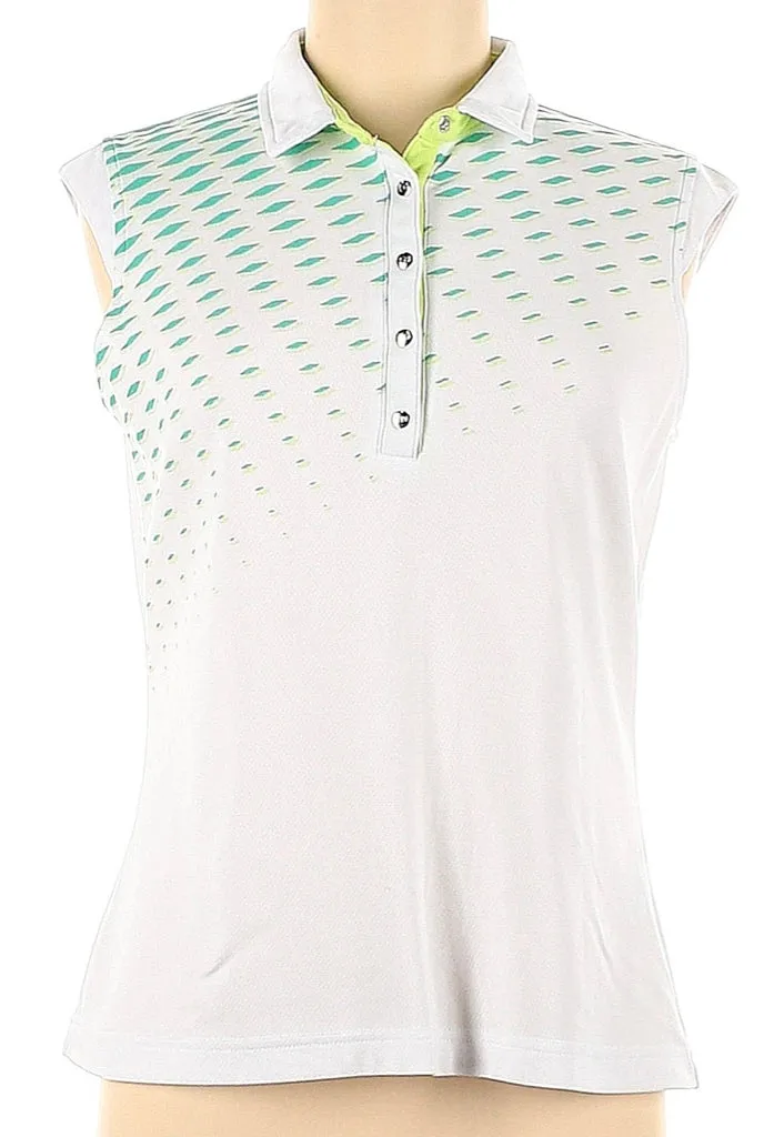 Nivo Sport White Sleeveless Golf Polo with Green & Neon Yellow Accents Size M. MSP$75