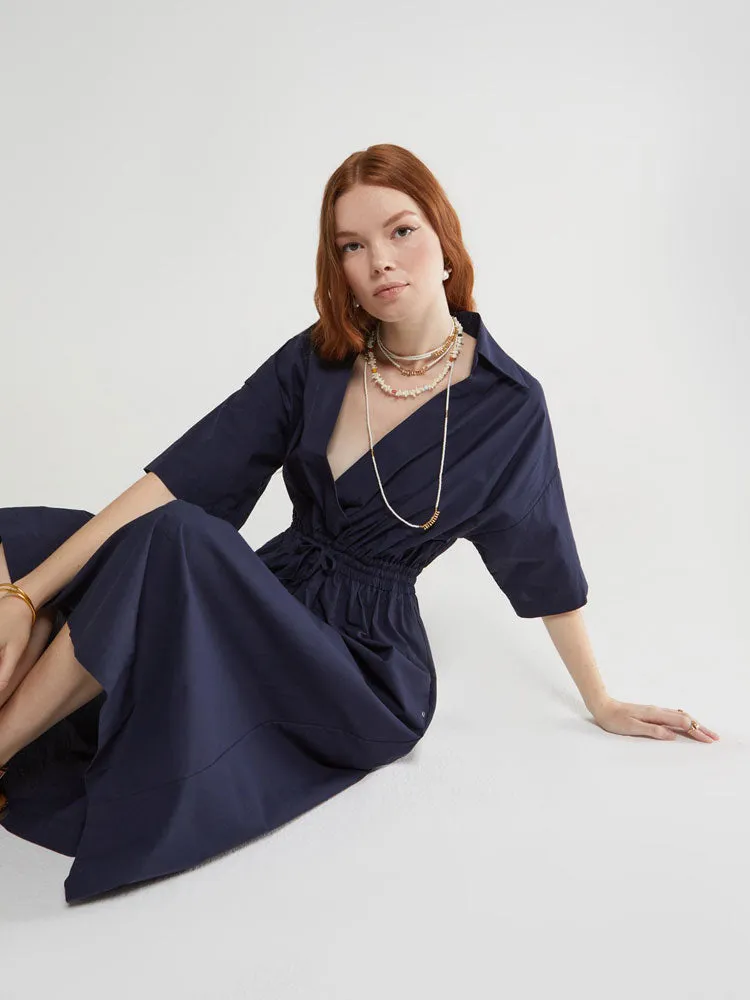 Ottod'Ame Poplin Midi Dress with Drawstring Blue