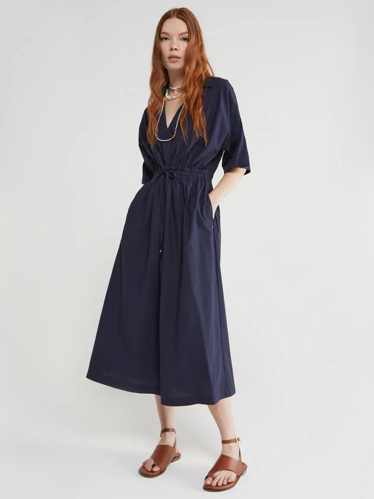 Ottod'Ame Poplin Midi Dress with Drawstring Blue