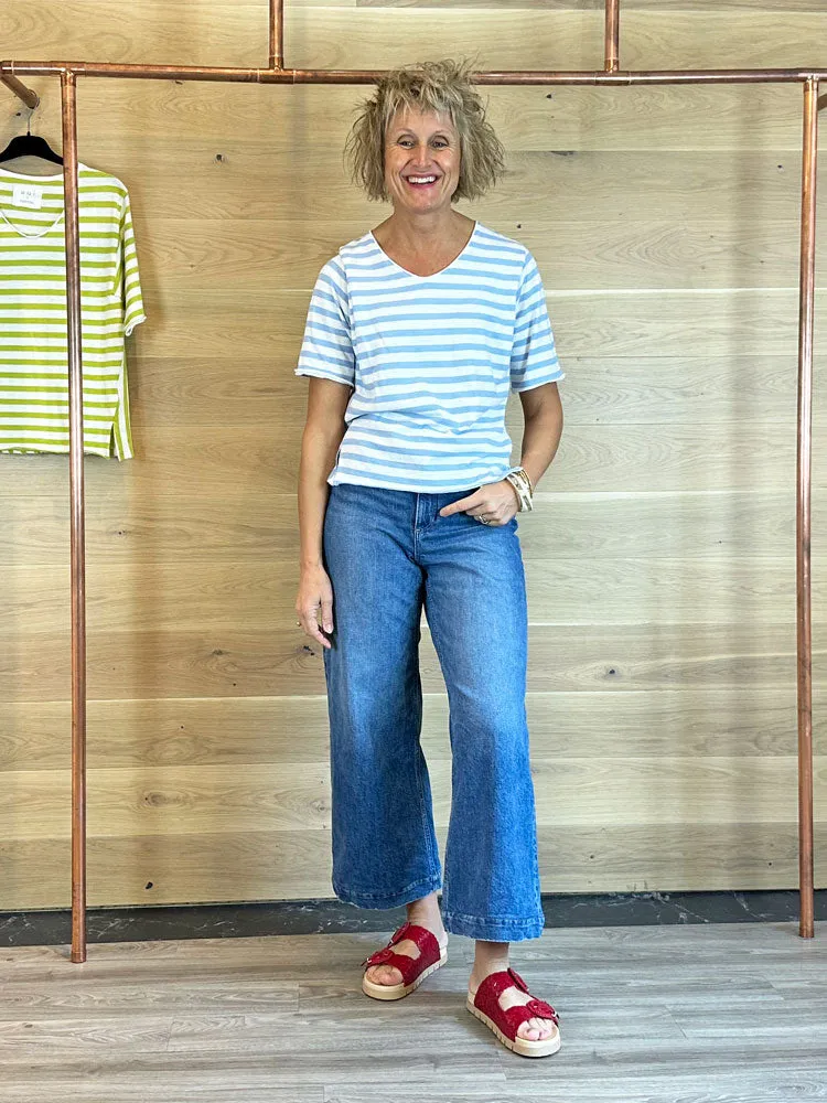 Oui Cotton Striped T-Shirt Light Blue & White