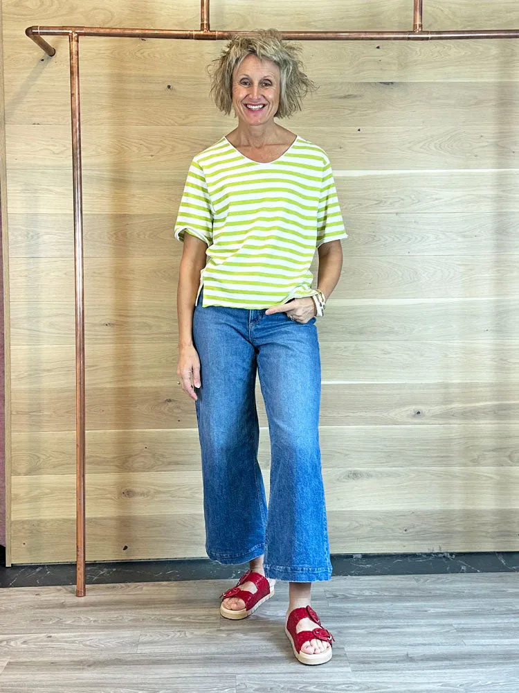 Oui Cotton Striped T-Shirt Light Green & White
