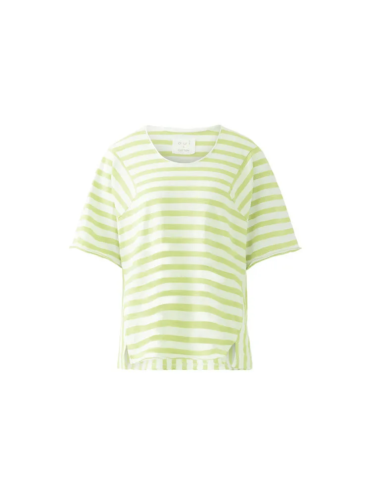 Oui Cotton Striped T-Shirt Light Green & White