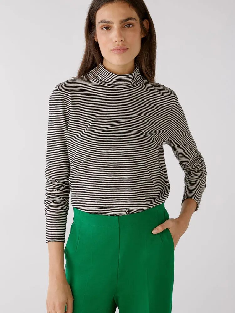 Oui Funnel Neck Striped Top Black & Off White