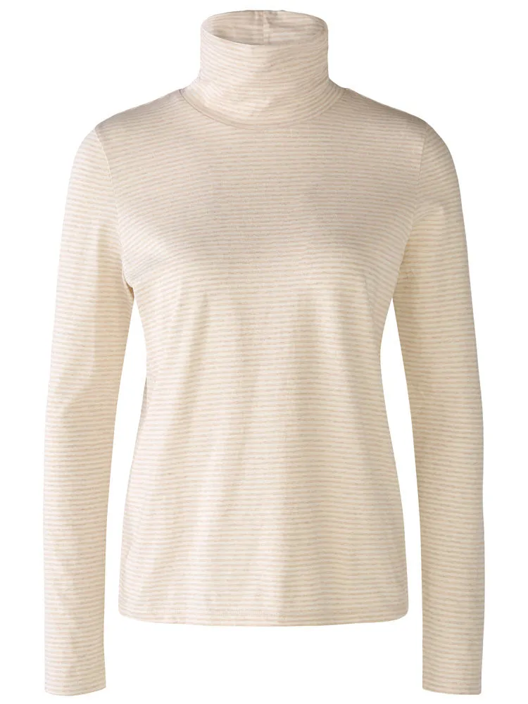 Oui Funnel Neck Striped Top Light Stone & White