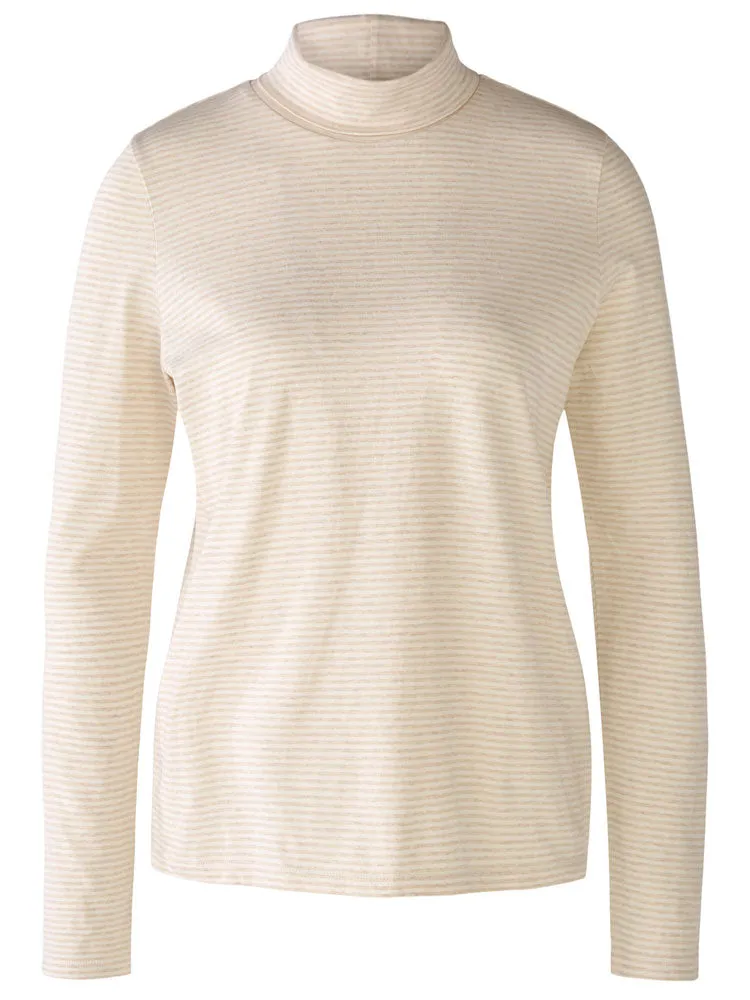Oui Funnel Neck Striped Top Light Stone & White