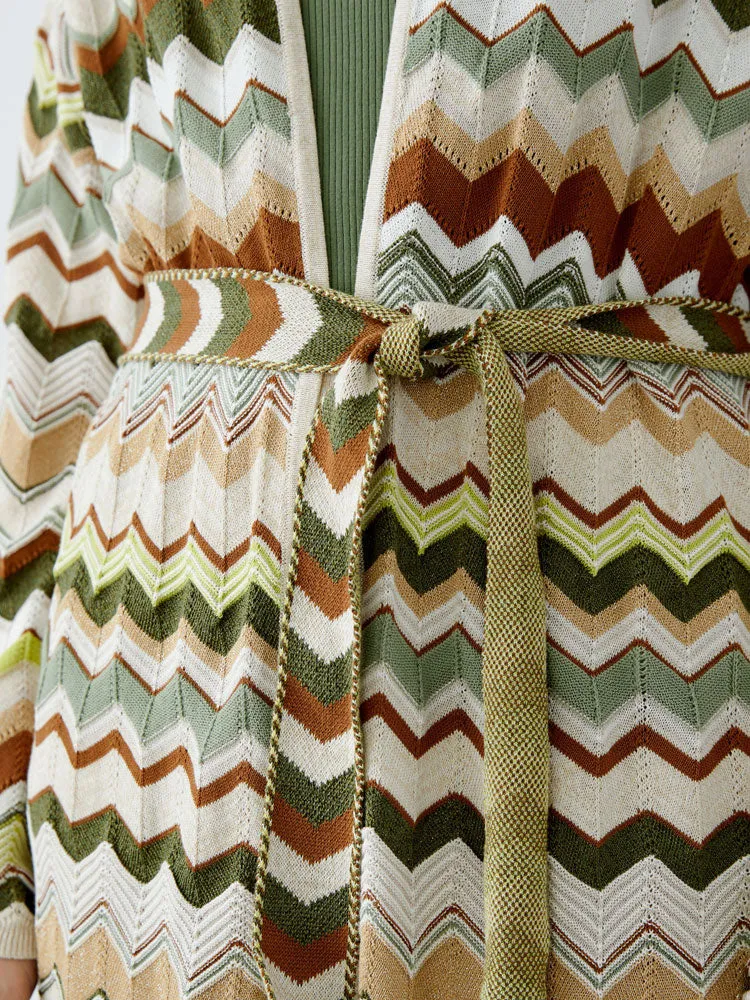 Oui Zig Zag Cardigan Light Stone & Green