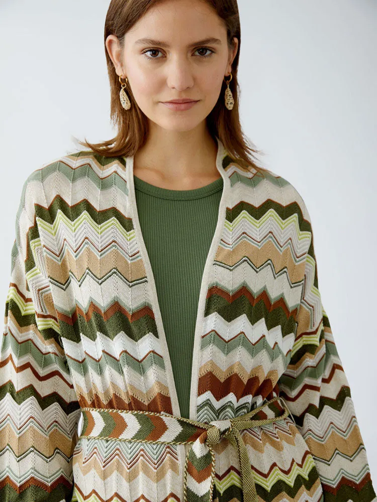 Oui Zig Zag Cardigan Light Stone & Green