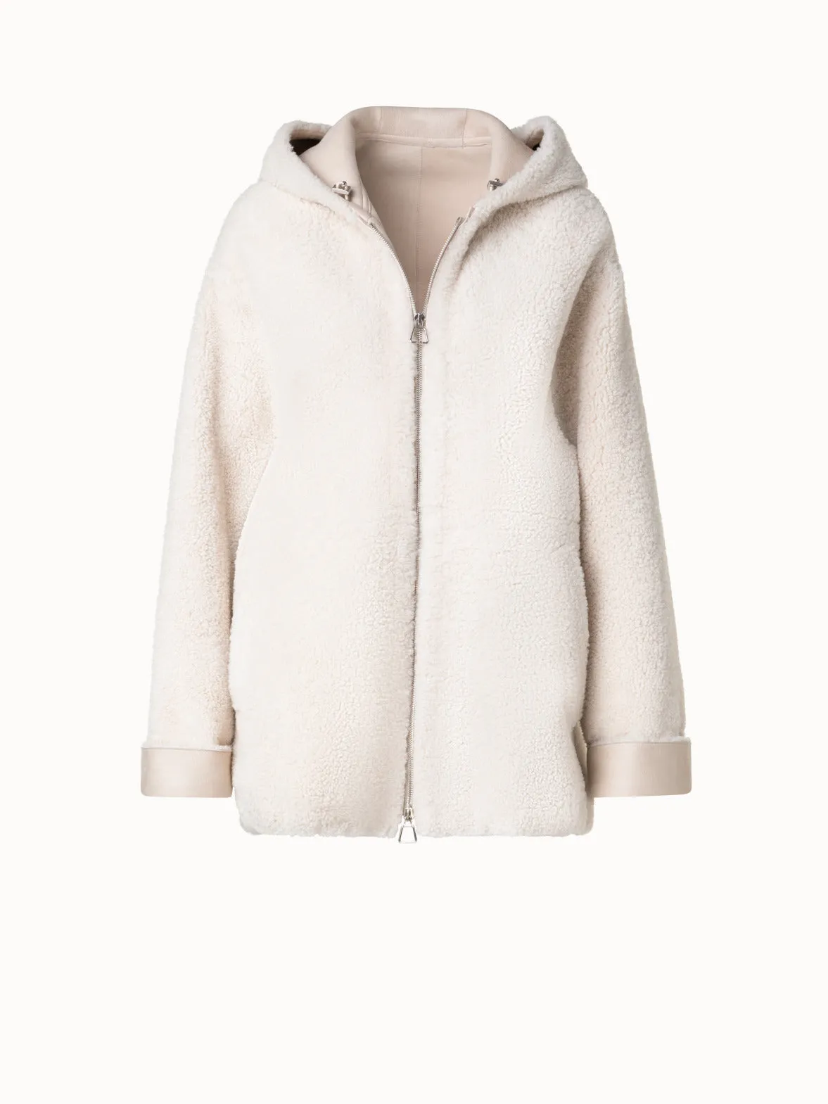 Oversize Shearling Leather Jacket with Hood Akris